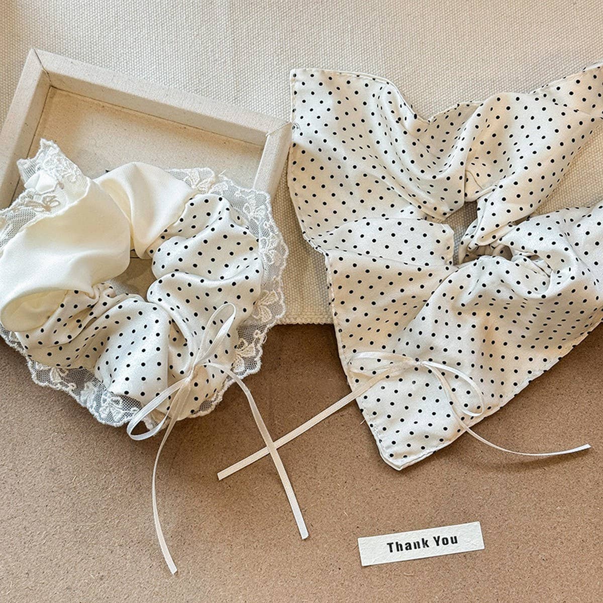 Polka Dot Bow Scrunchie with Ballet Ribbon Tails_CWAHA5515
