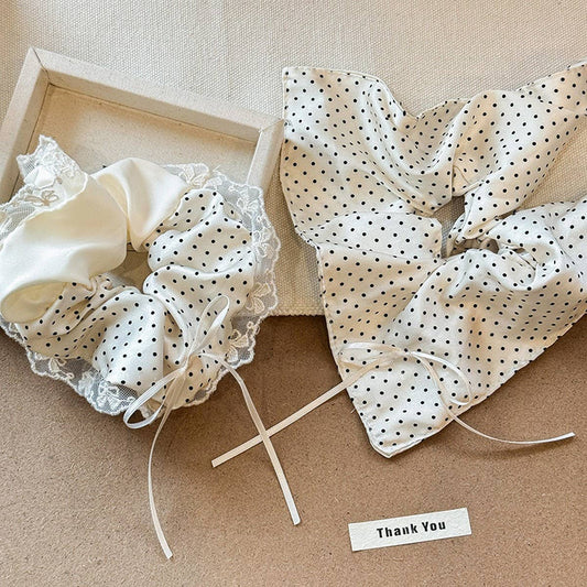 Polka Dot Bow Scrunchie with Ballet Ribbon Tails_CWAHA5515