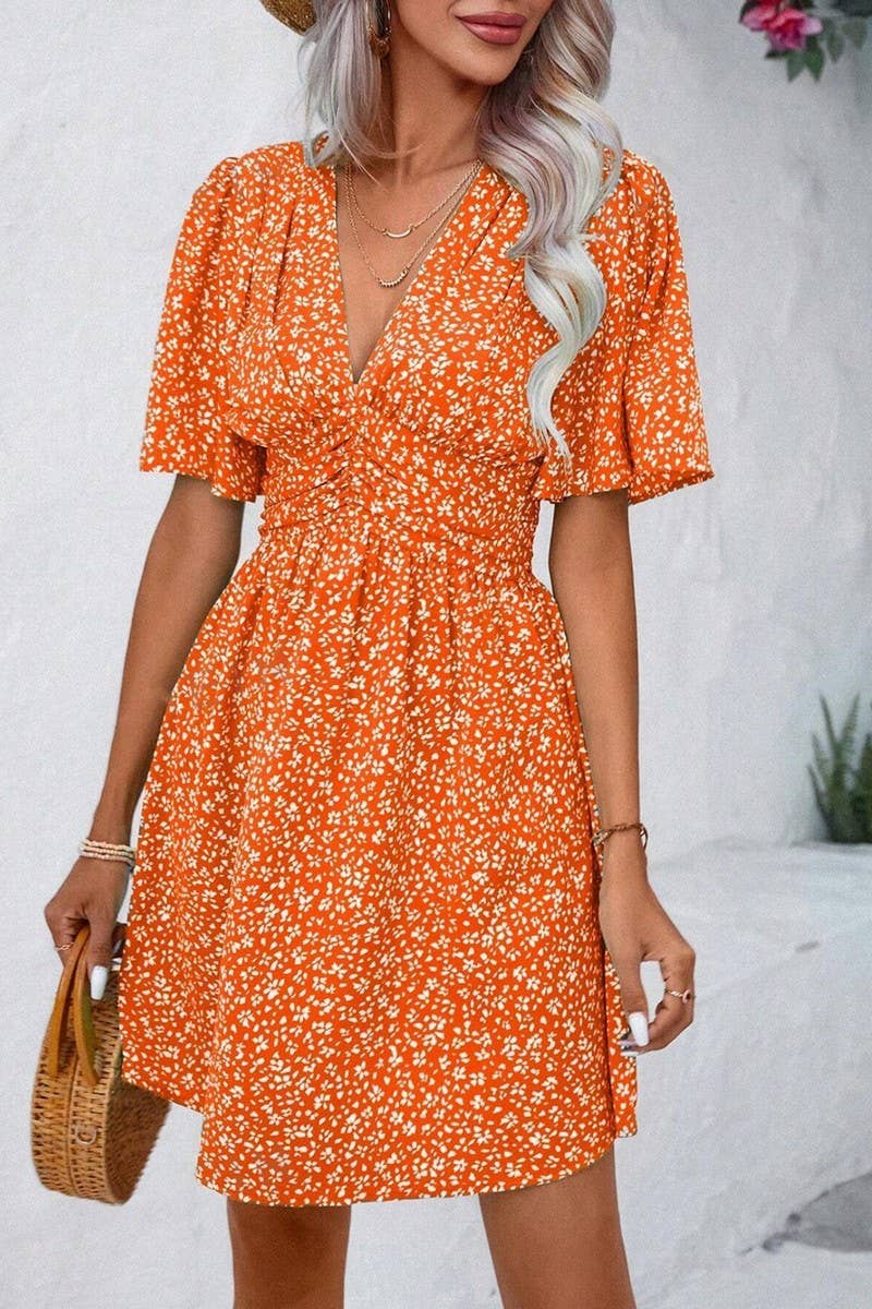 CWDSD8398_DEEP V RUFFLE SLEEVE FLORAL RUCHED VACATION DRESS