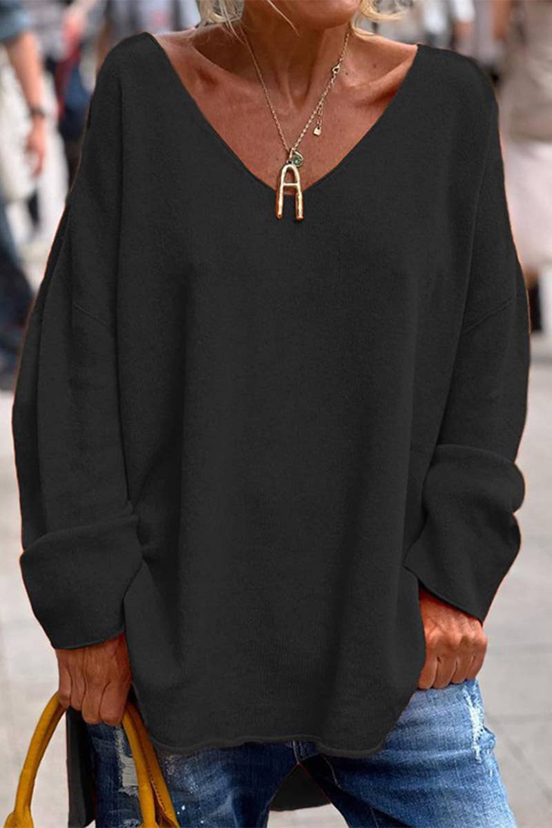 SOLID COLOR V-NECK LONG SLEEVE CASUAL T-SHIRT