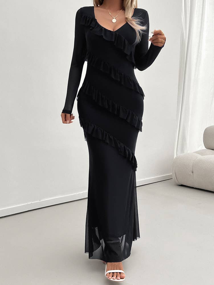 LONG SLEEVE TEMPERAMENT SLIM MESH V-NECK DRESS