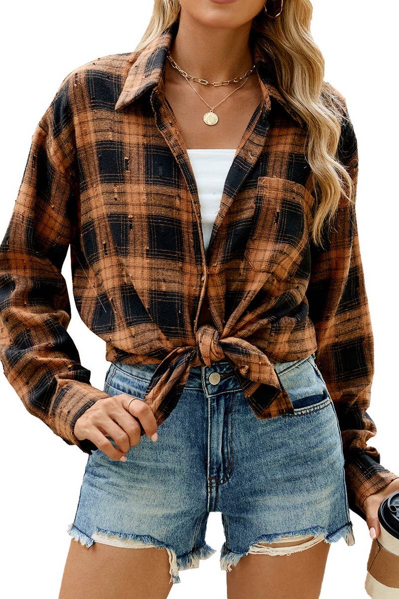 CWOBL0186_FLIP COLLAR VINTAGE CROCHET CHECKERED SHIRT