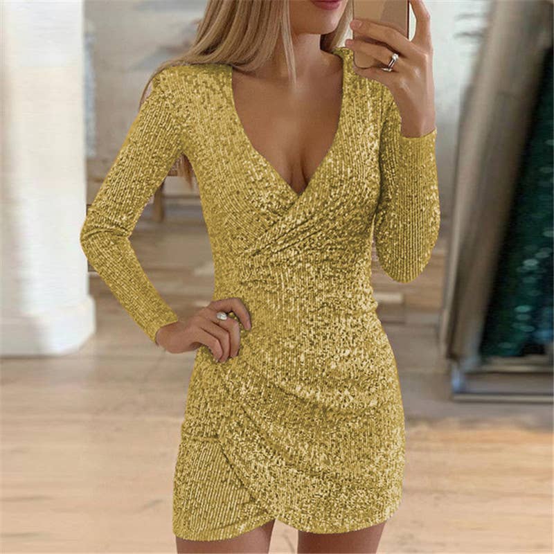 Sexy V-neck,hip-hugging,irregular sequined dress