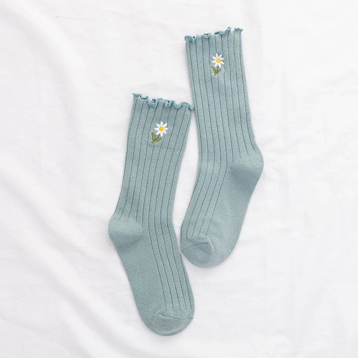 RUFFLE HEM CHRYSANTHEMUM EMBROIDERED SOCKS