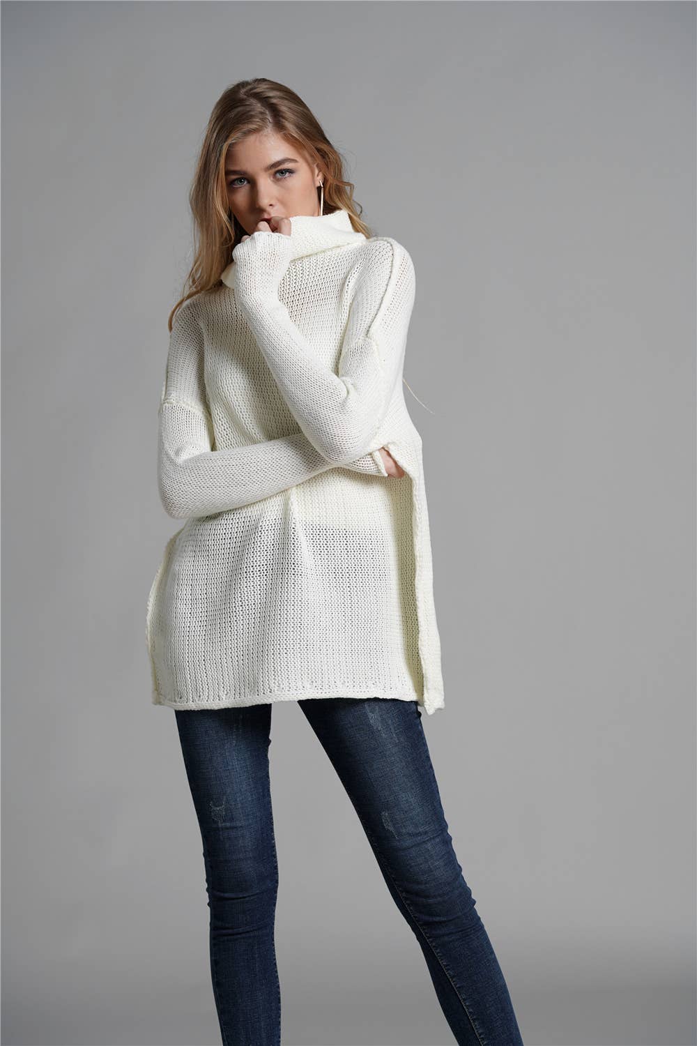 Turtleneck loose solid color sweater for women