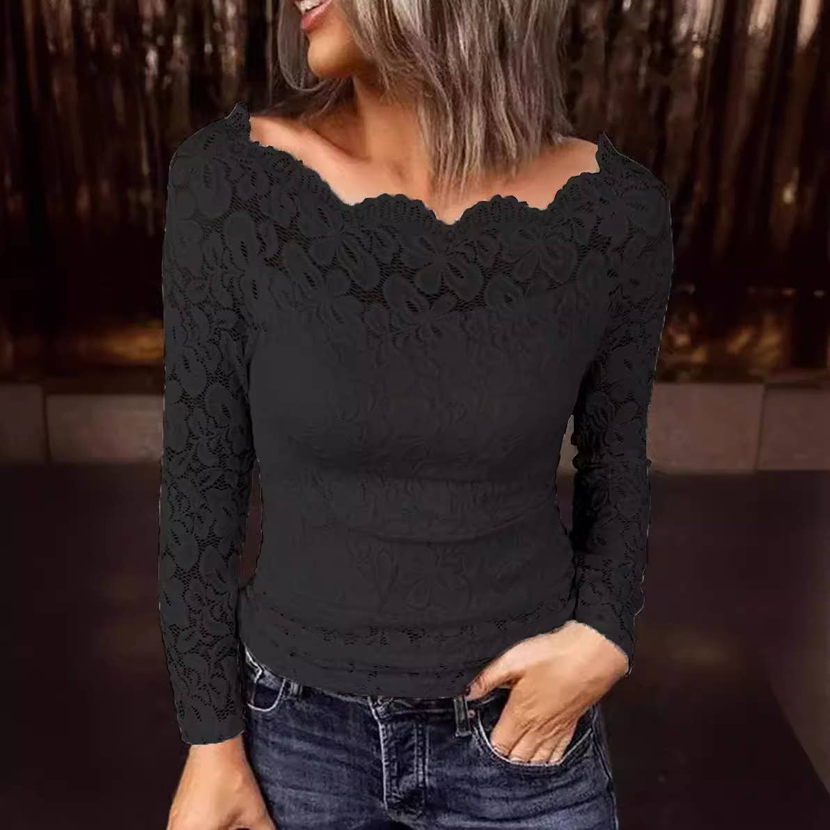 LINE COLLAR LACE PATCHWORK SOLID COLOR SHIRT