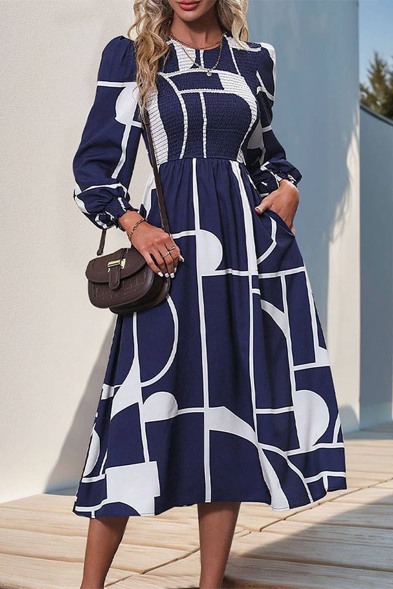 CWDMD4524_SPRING AND AUTUMN LONG SLEEVE PRINTED DRESS