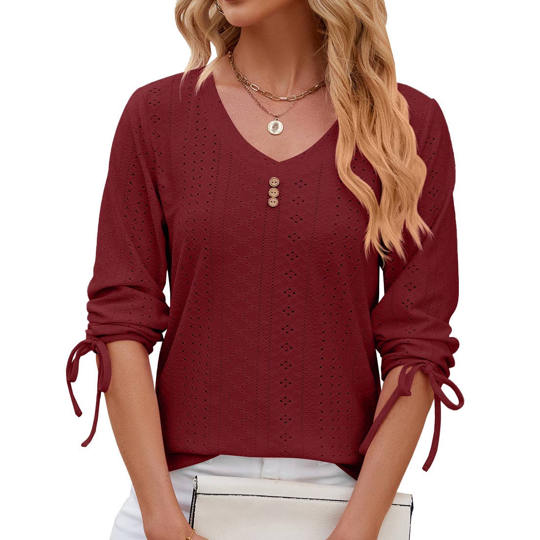 V-neck seven-point sleeved drawstring loose shirt