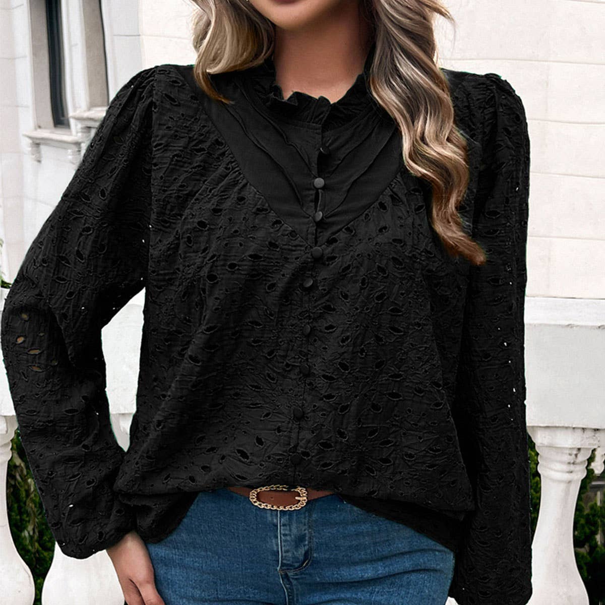 Temperament hollow embroidery long sleeve top
