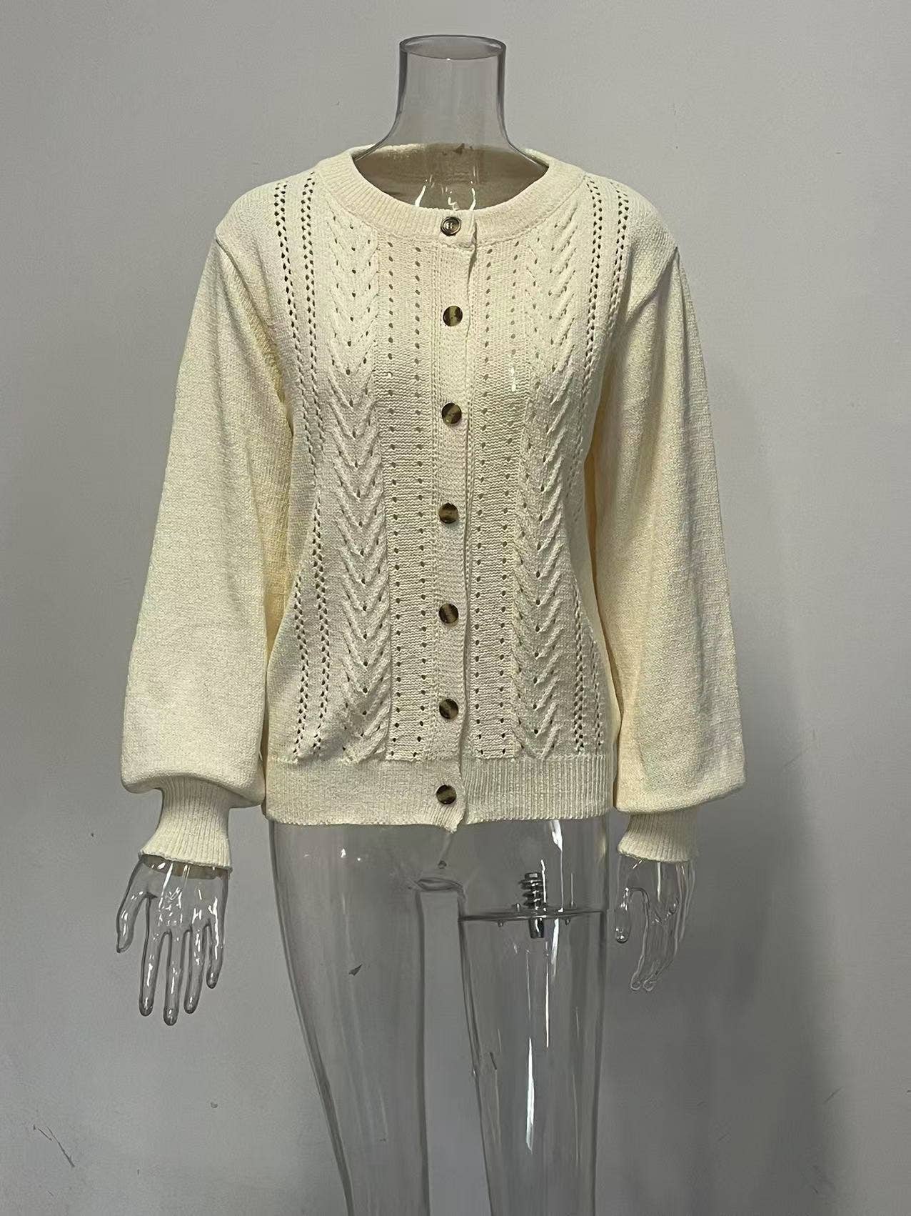 Solid-color cut-out V-neck cardigan