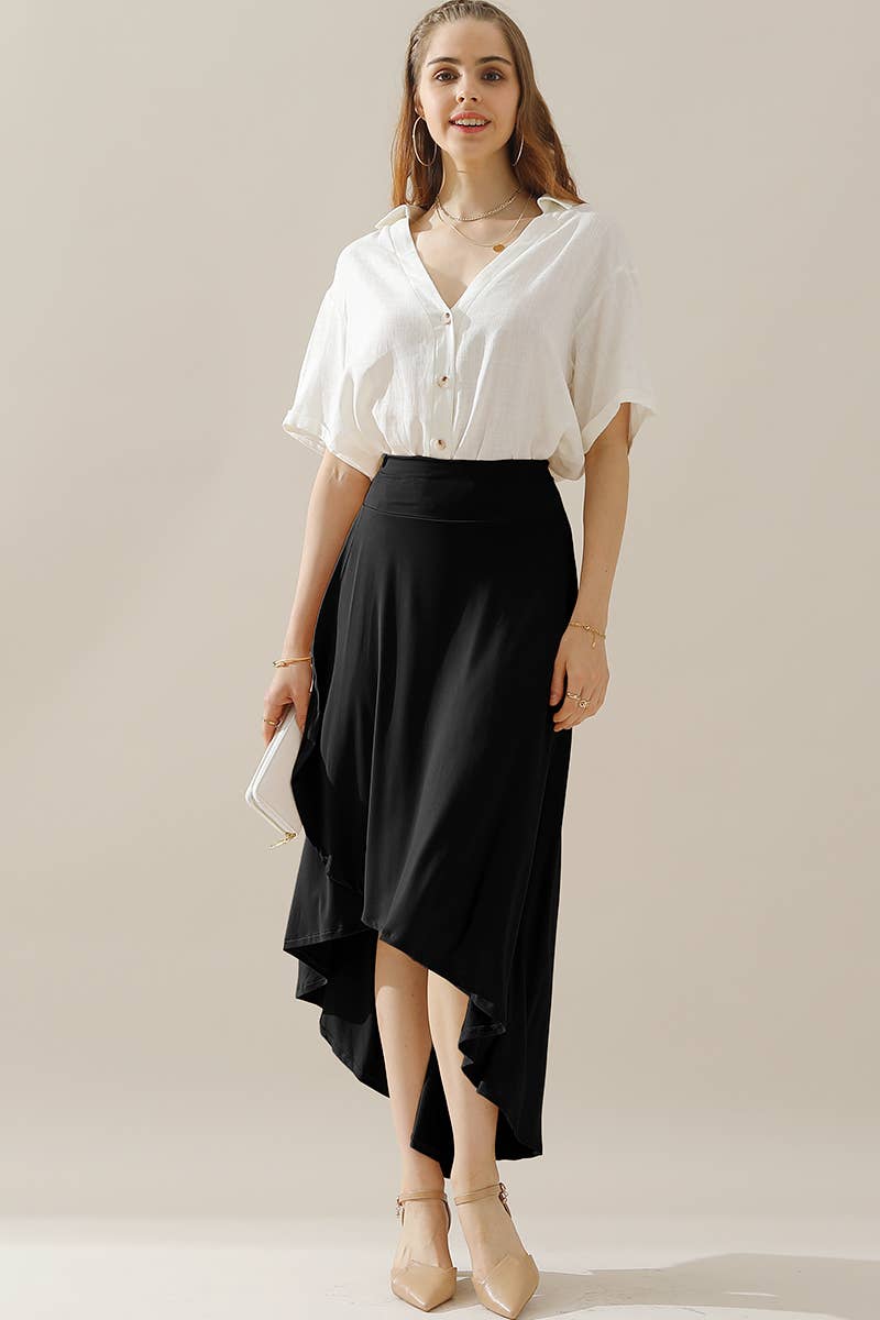 CWBLS090_OVERLAP HIGH WAIST BANDED FLARE MAXI SKIRT