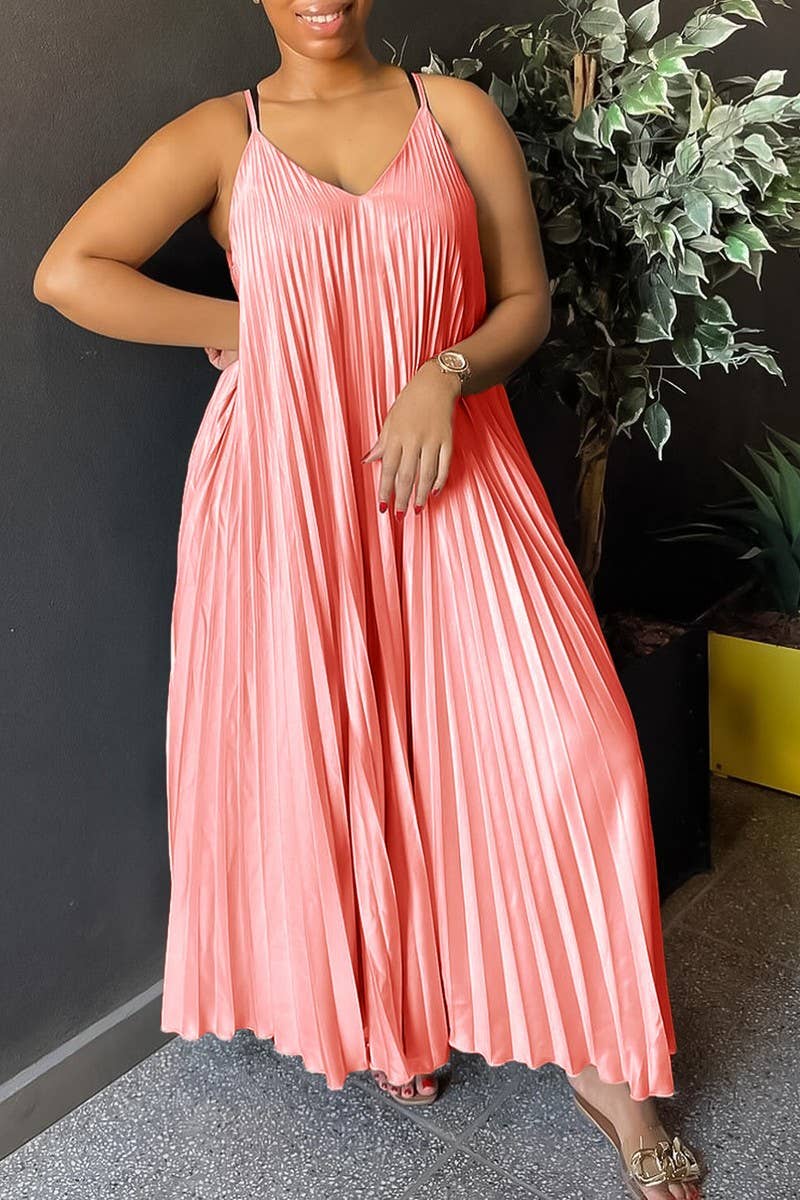 CWDMD1722_PLUS SIZE SLING PLEATED LONG DRESS