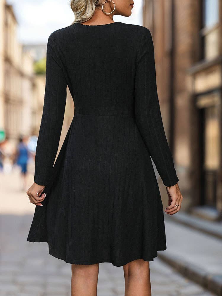 Long sleeve pit strip solid color knit dress
