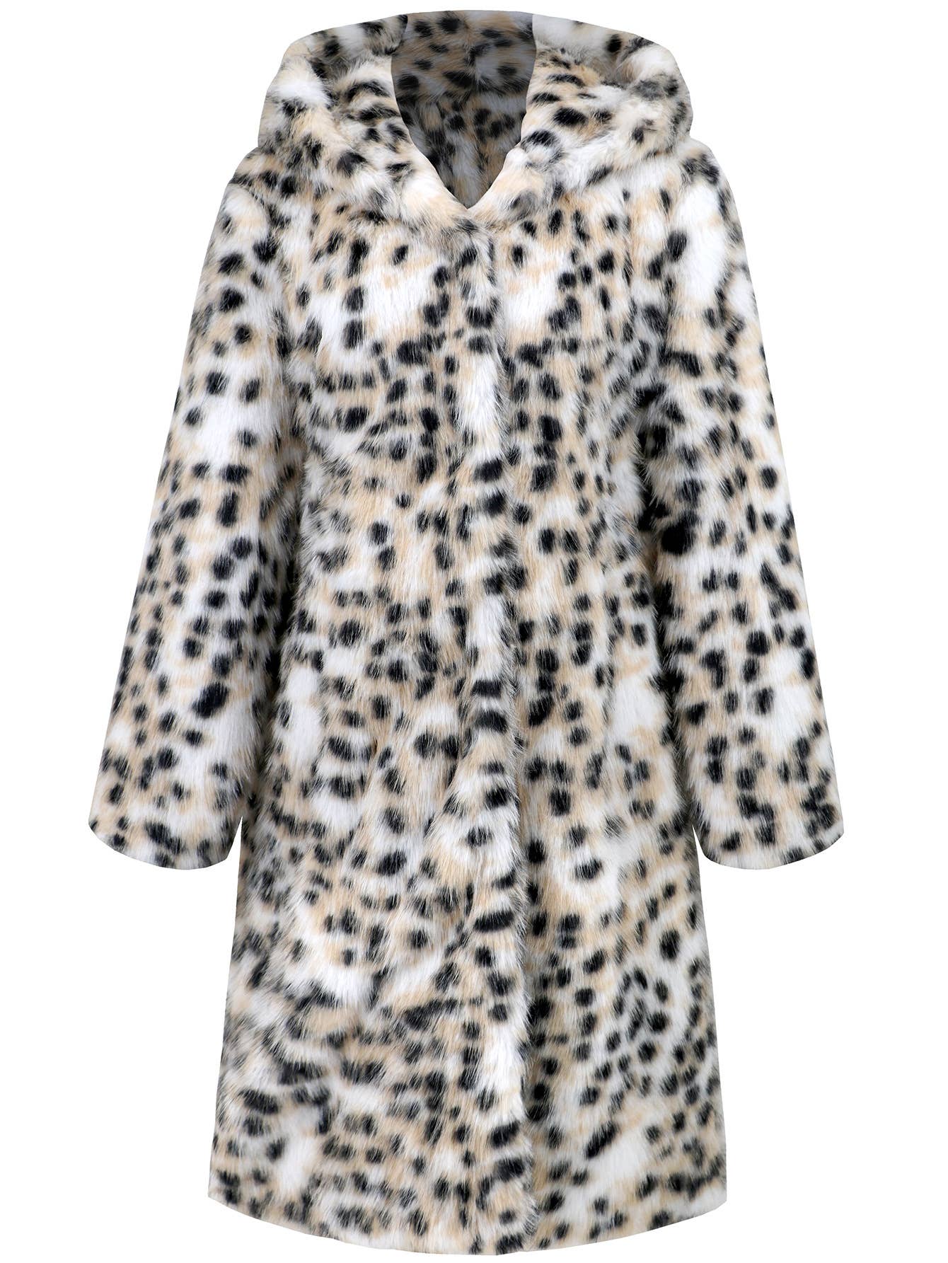 Leopard hooded long-sleeved mid-length warm coat