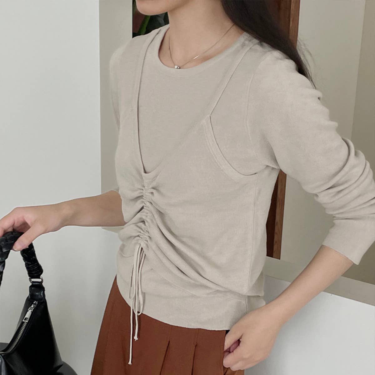 Fake two drawstring slimming knit long-sleeved tops