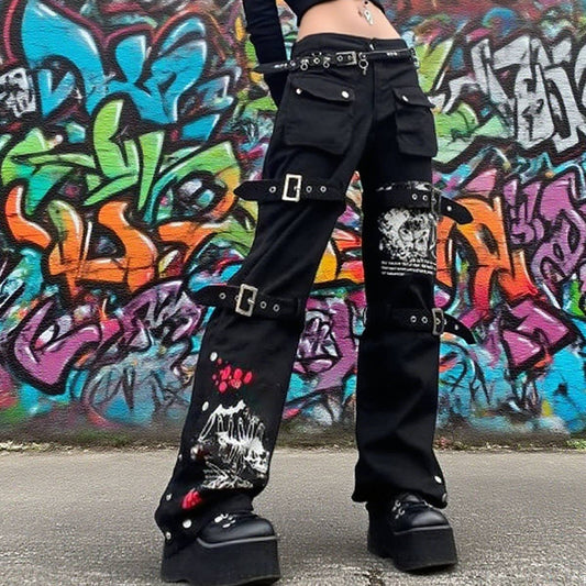 Printed metal buckle drape denim trousers
