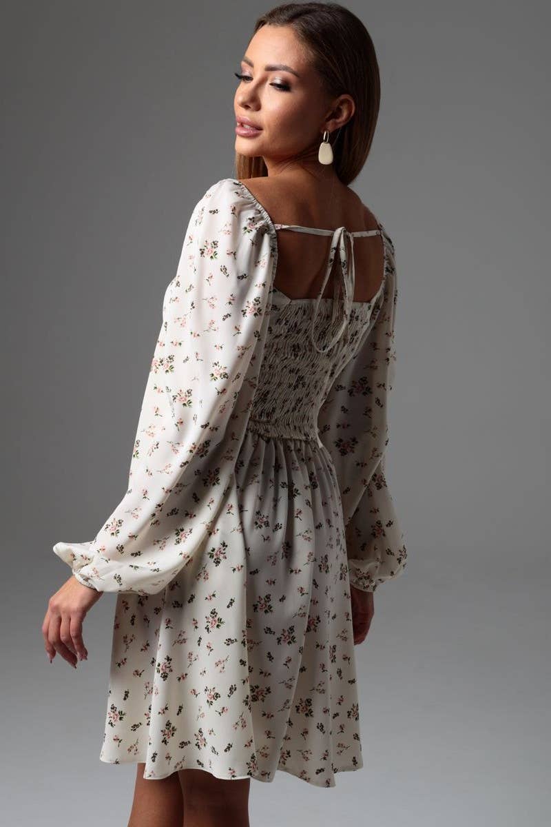 CWDSD8401_FLORAL PUFF SLEEVE TIE WAIST LINED MIDI DRESS