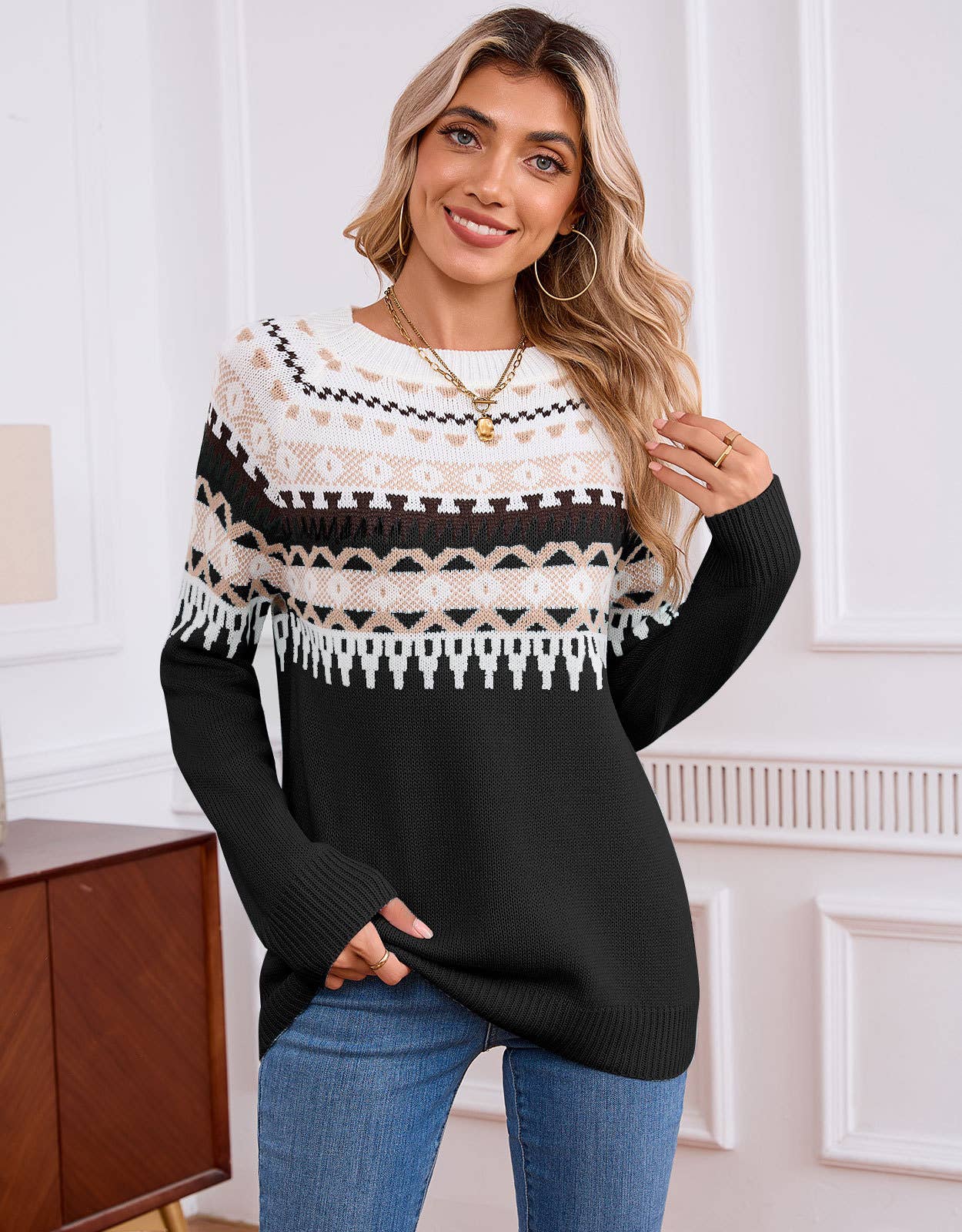 Ethnic geometric pattern Fair Isle sweater