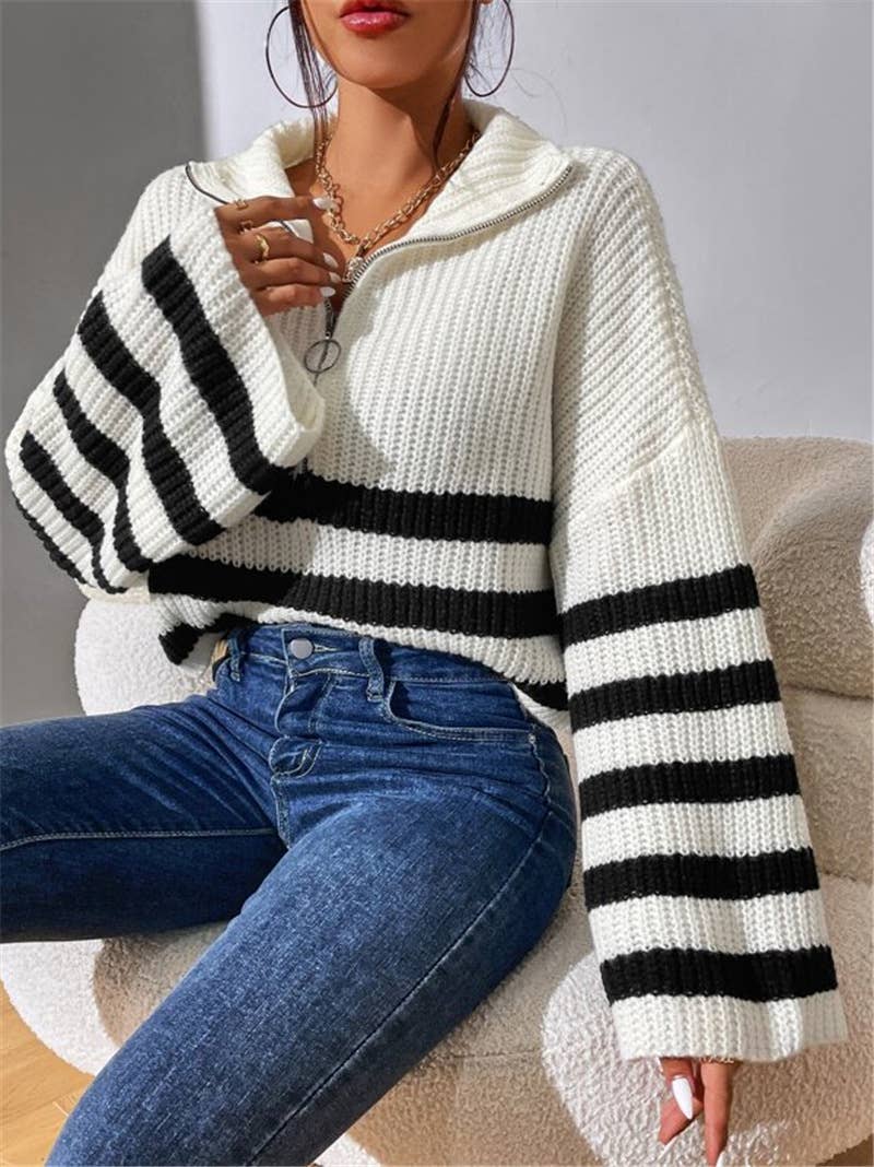 Striped color-blocking stand-up knitted sweater