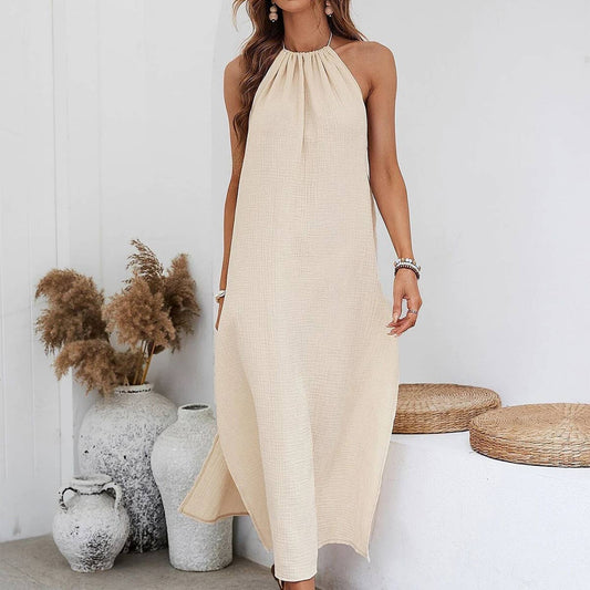 Relaxed Backless Halter Dress for Beach Vacation