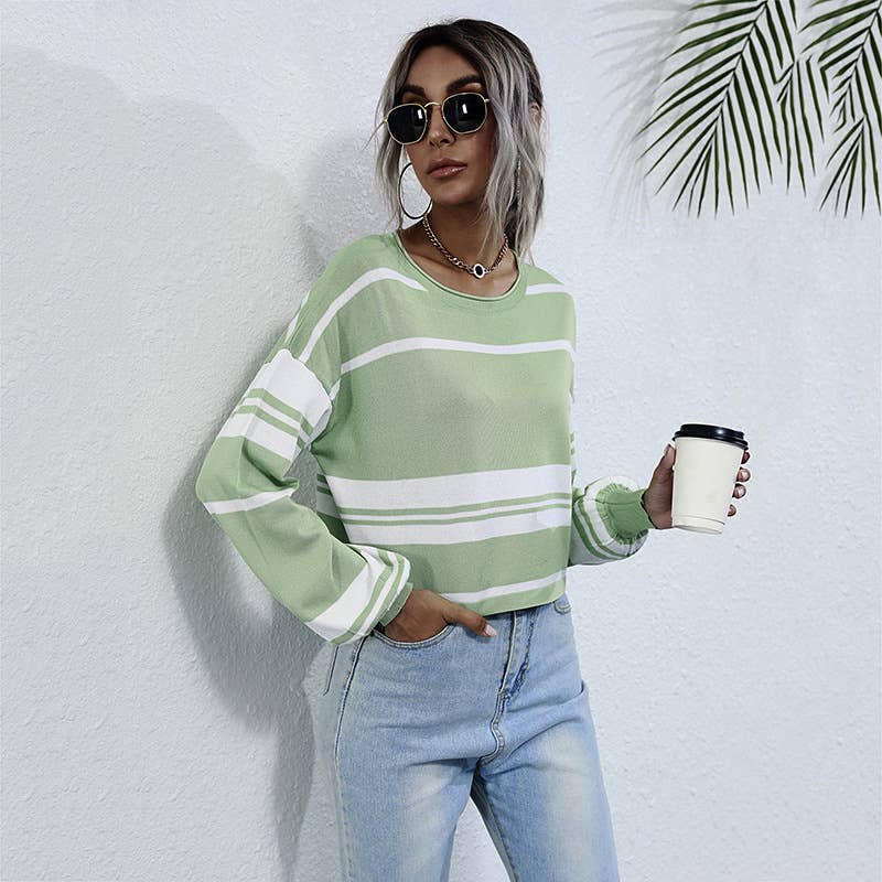 Long sleeve knit short striped sweater