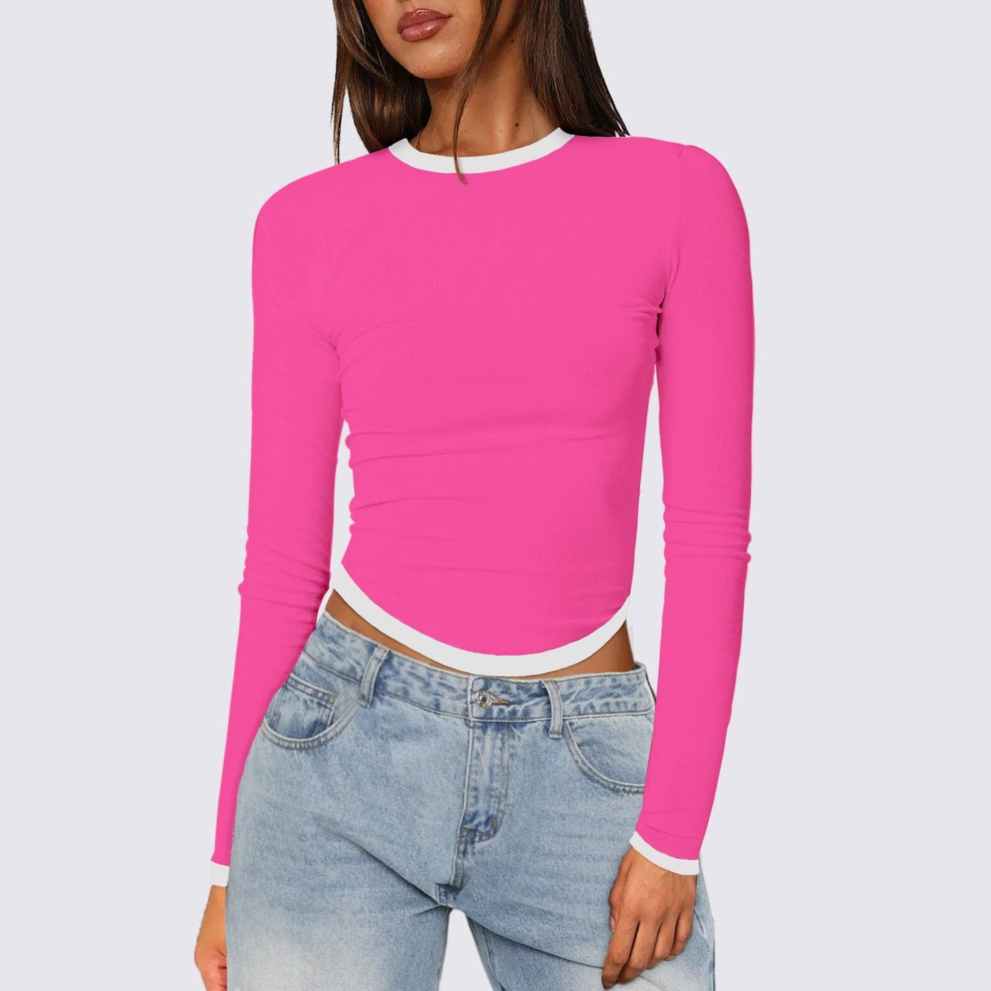 LONG SLEEVE ROUND NECK SLIM-FIT COLOR SHORT TOP