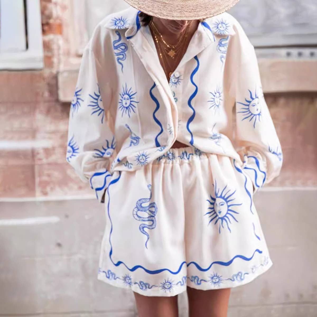 Fashion print casual cardigan shorts linen two-piece set