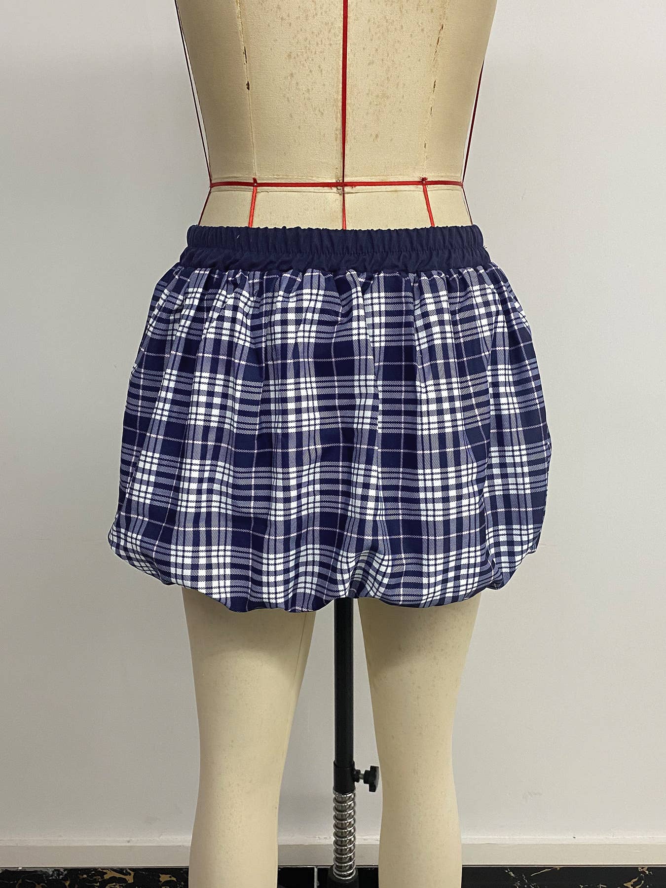 Retro checkered short flower bud skirt