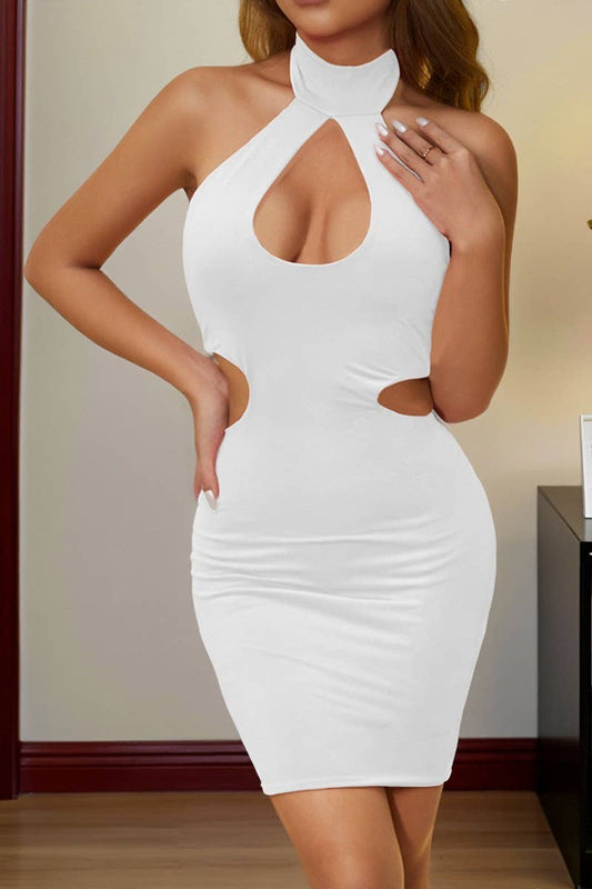 CWDHL01131_BACKLESS HALTER CUTOUT BODYCON DRESS