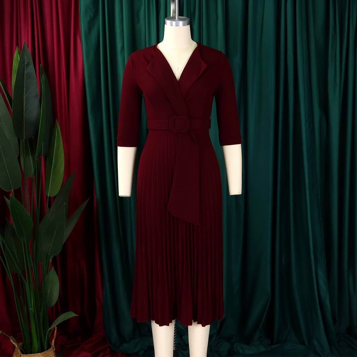 FASHION SUIT COLLAR PLEATED WAIST PLUS SIZE DRESS_CWDMD3653