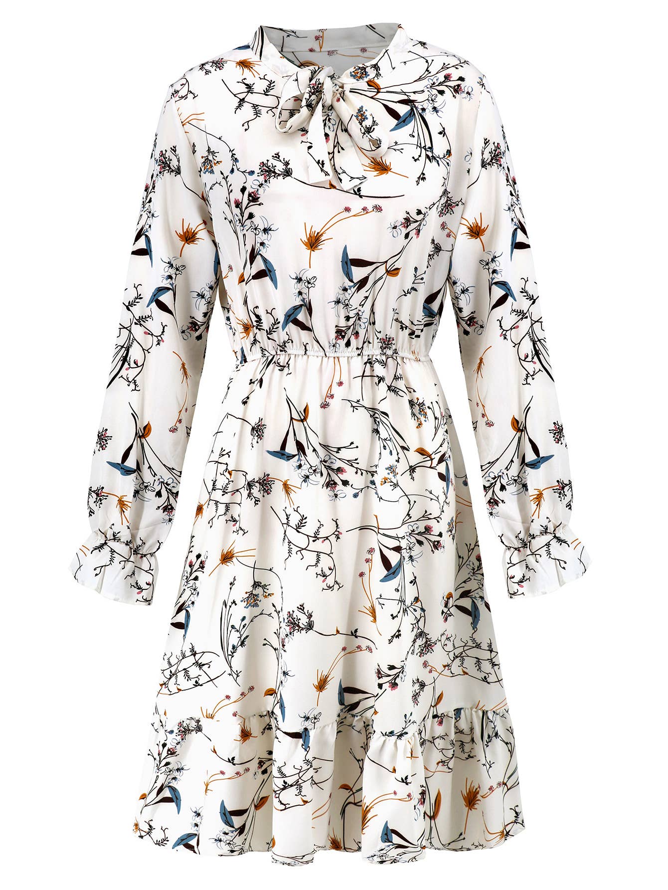 Waist-Cinched Floral Ruffle Bell Sleeve Dress