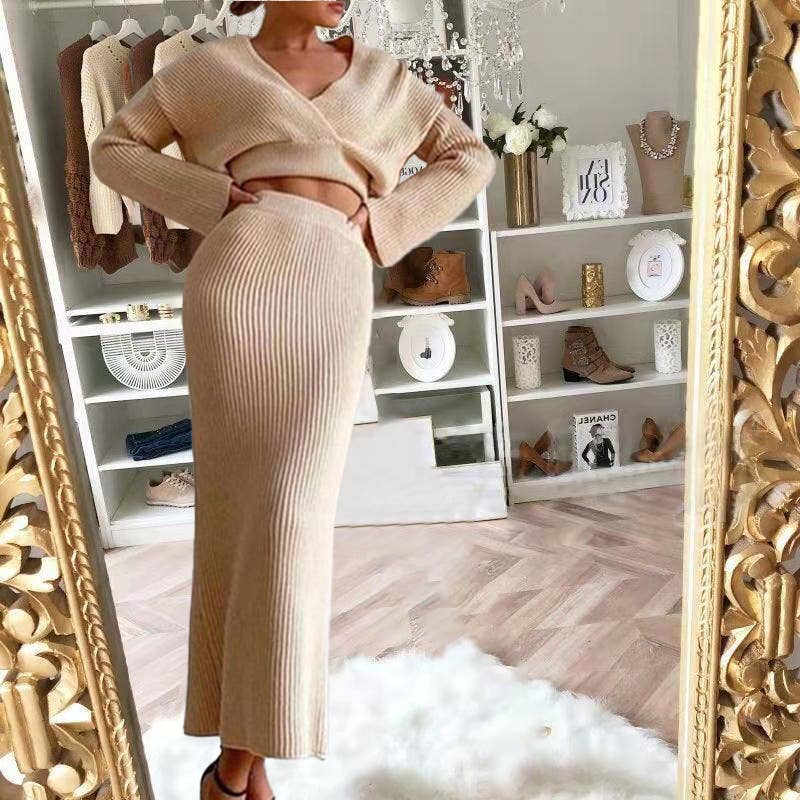 LONG SLEEVE V-NECK SWEATER LONG SKIRT SUIT