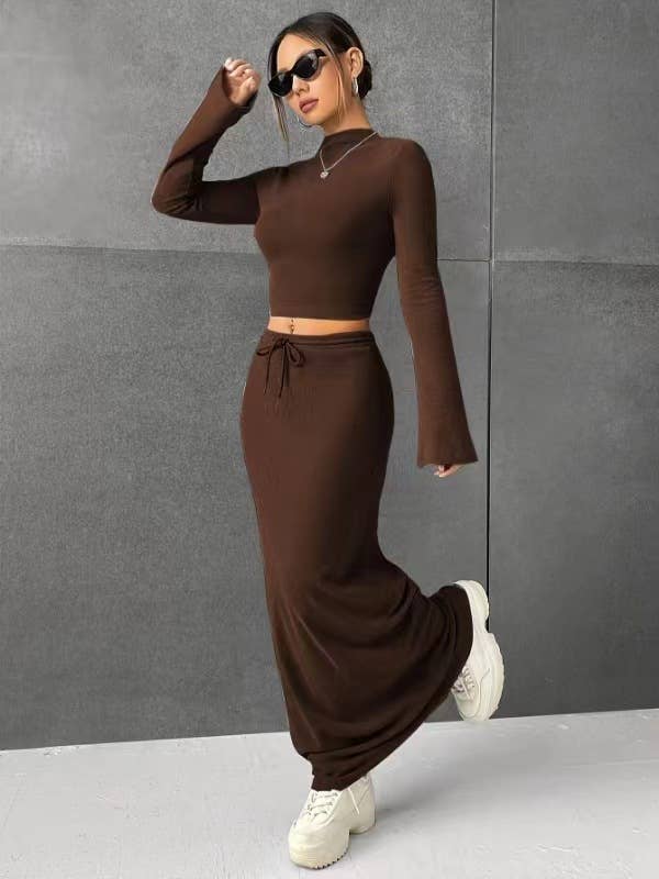 SOLID COLOR LONG SLEEVE TOP LONG SKIRT SET