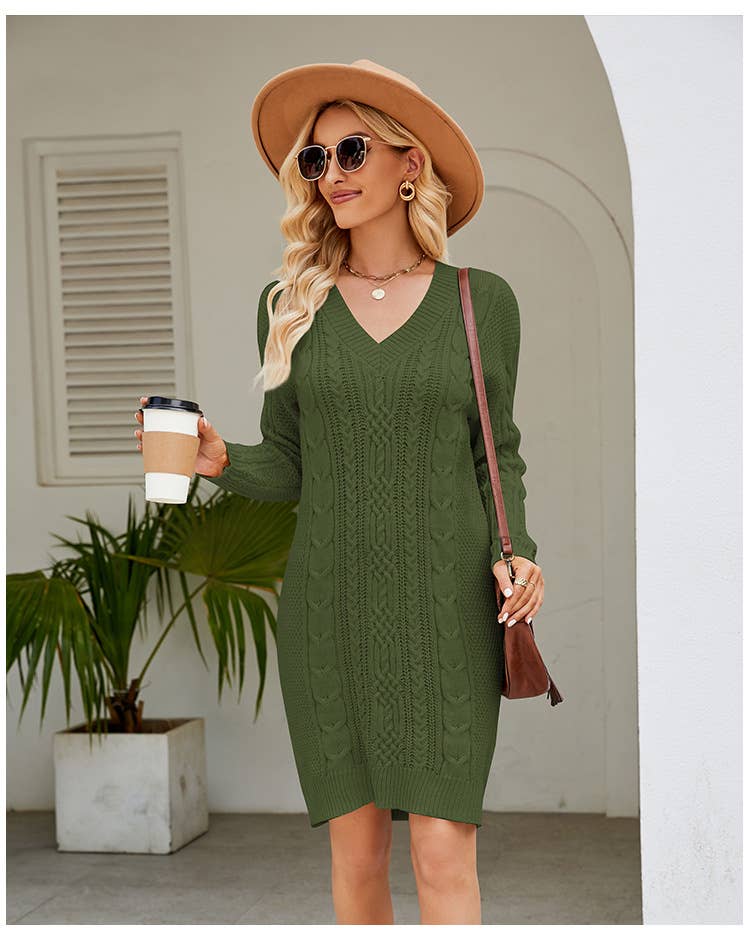 Solid color V-neck floral long sweater dress