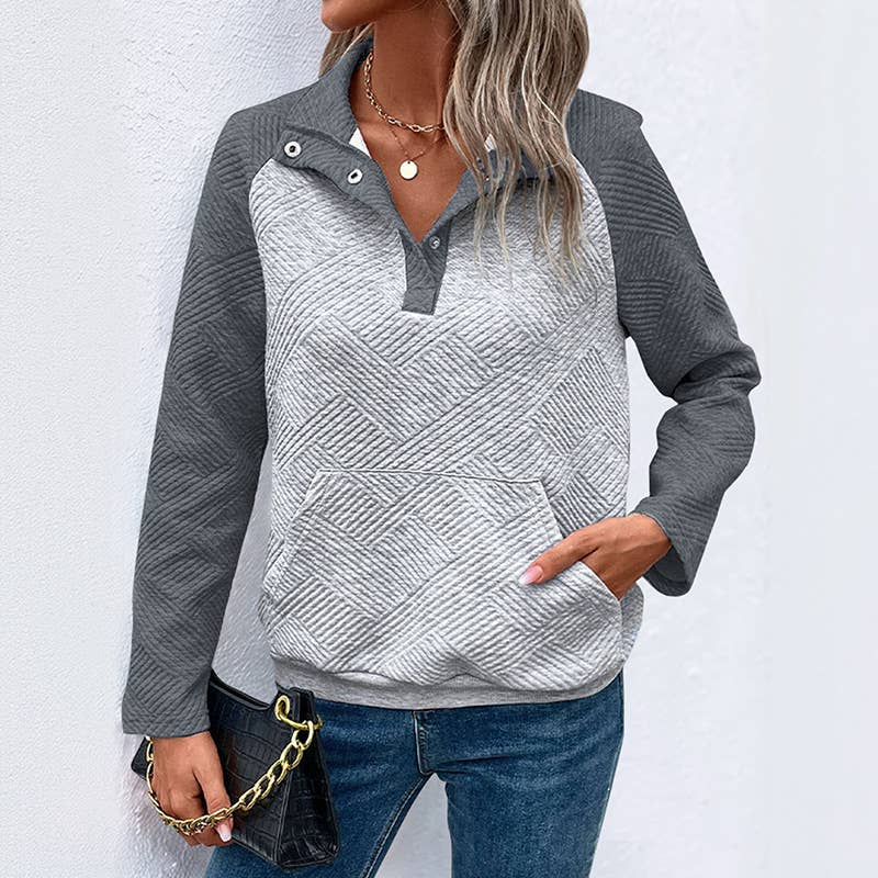 Textured casual V-neck color-blocking sweatshirt