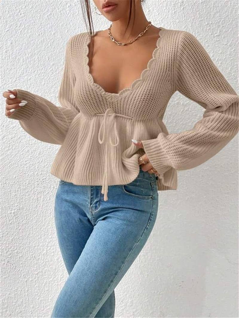 V-neck drawstring tie ruffled hem knit sweater