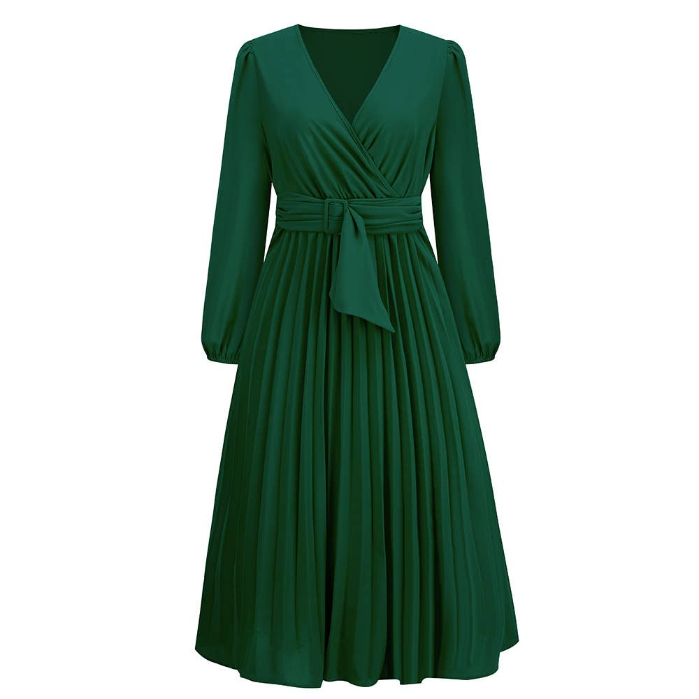 Long Sleeve Fit Pleated Waist Belt V-neck Dress