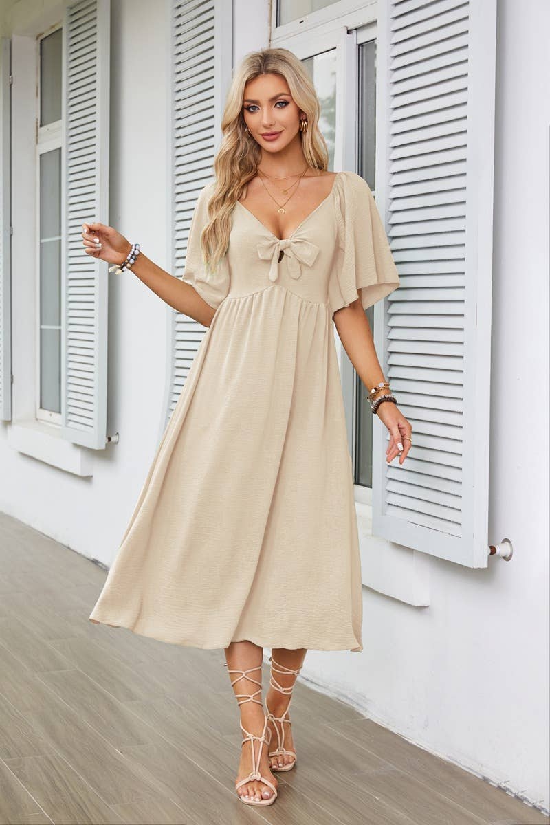 V-neck bow pleated mid-length short-sleeved dress