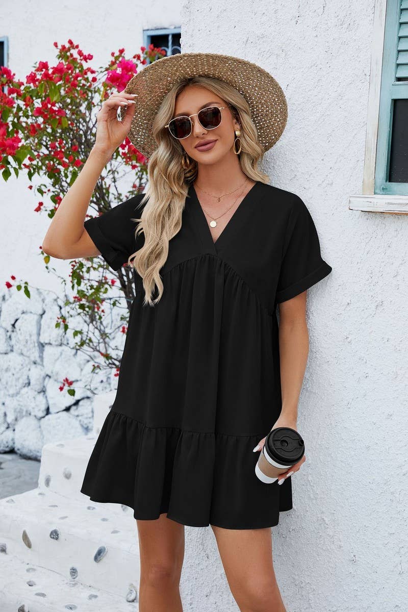 CWDSD3113_V Neck Tiered Short Sleeve Dress