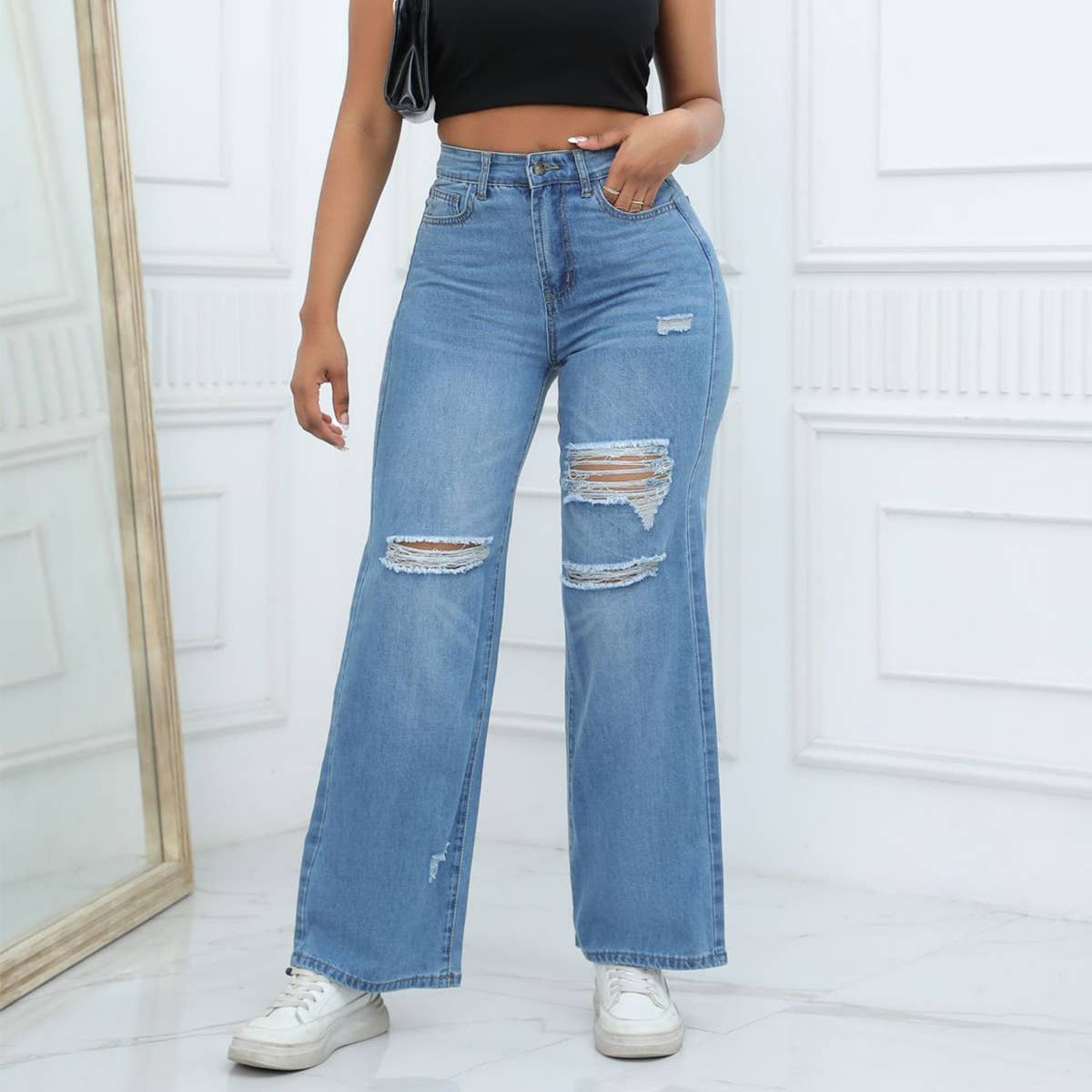 WOMENS WASHED HOLE BELL BOTTOMED PANTS JEANS_CWJP0166