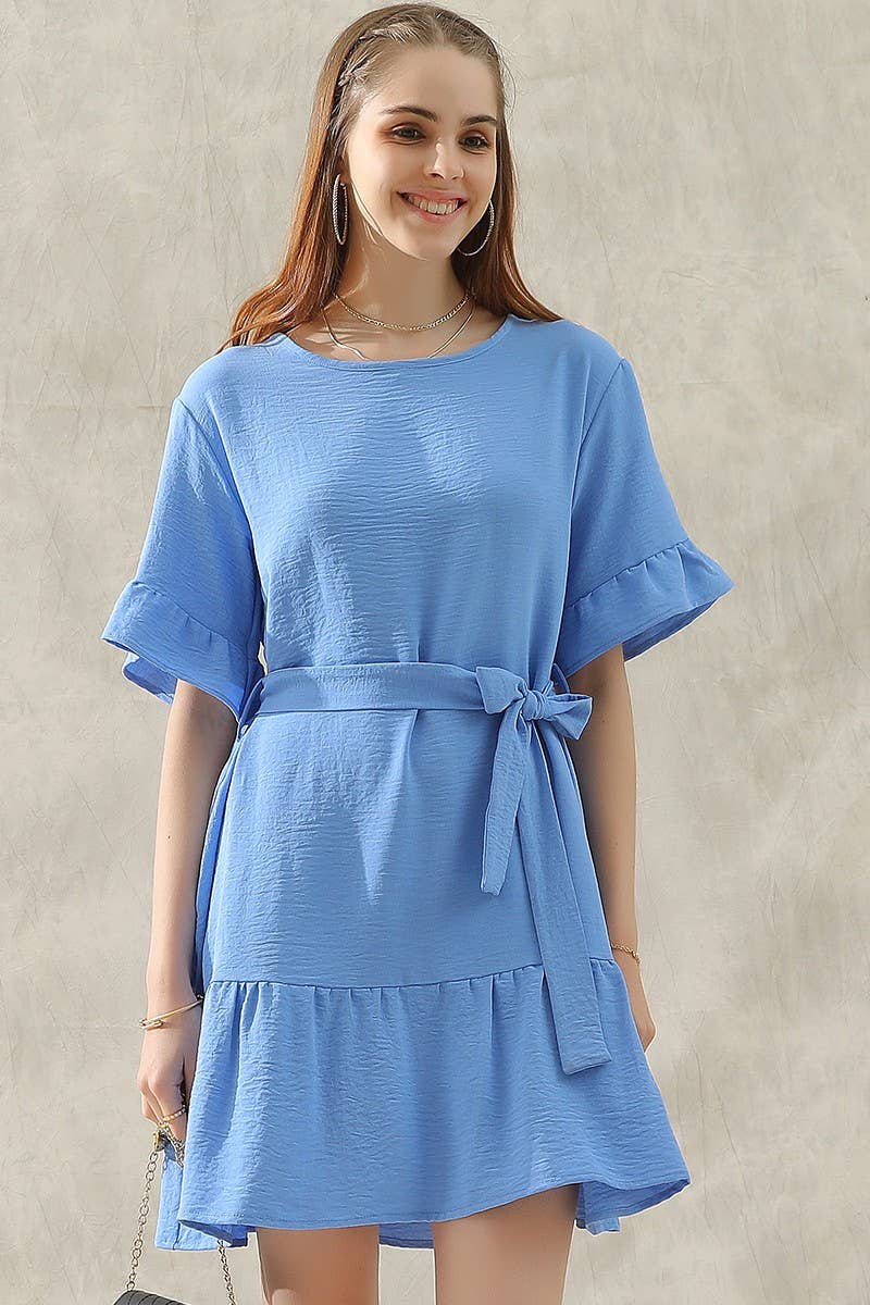 CWDSD10405_WAIST BOW TIE MIDI RUFFLE SHORT MIDI DRESS