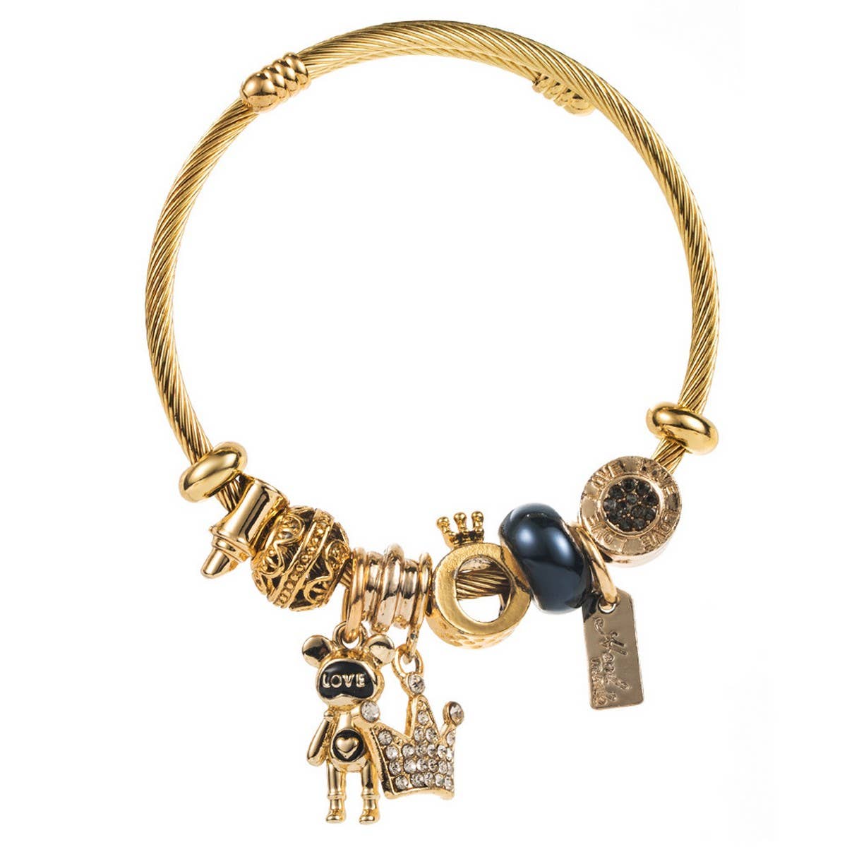 Trendy Beaded Steel Bracelet with Bear & Crown