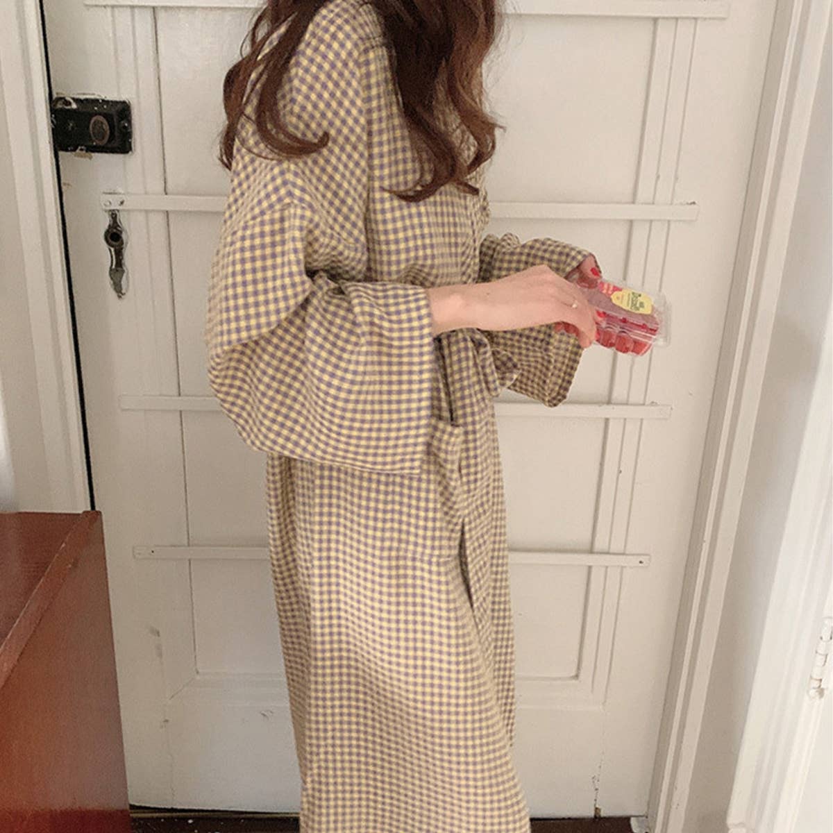 Long front-opening laced home gown gown