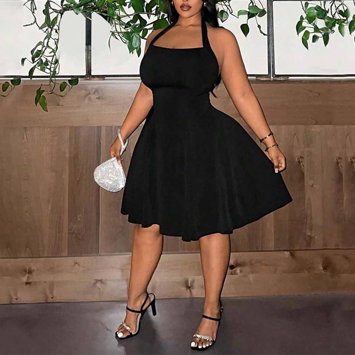 Square Neck Halter Cinched Waist A-Line Dress_CWDMD6063