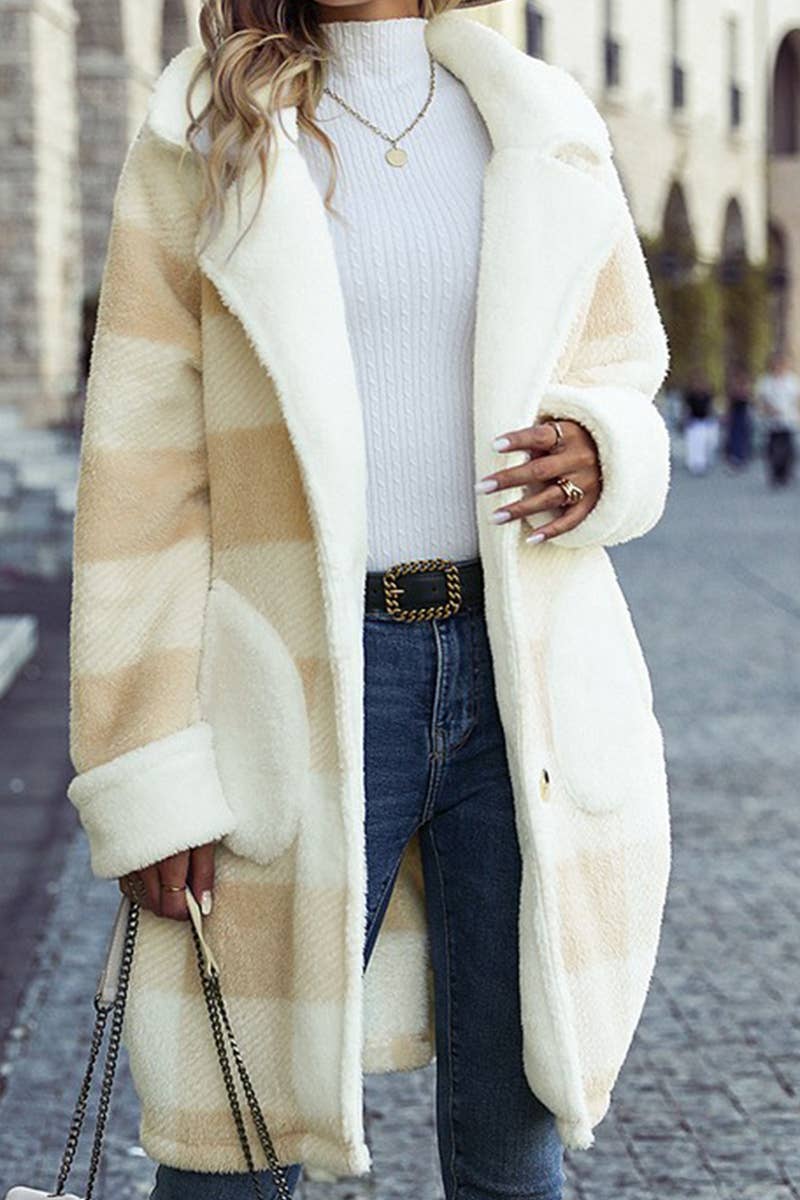 WOMEN PLAID PATTERN PLUSH LAPEL BUTTONED JACKET_CWOJA0631