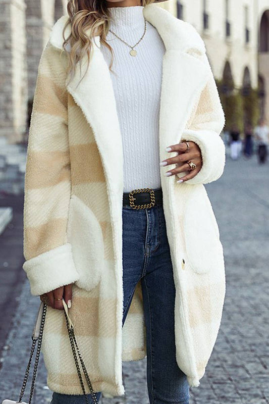 WOMEN PLAID PATTERN PLUSH LAPEL BUTTONED JACKET_CWOJA0631