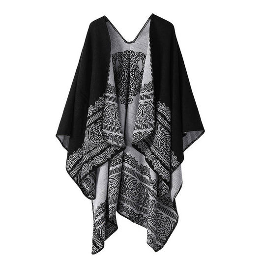 DOUBLE-SIDED PLAID FAUX CASHMERE SHAWL CAPE