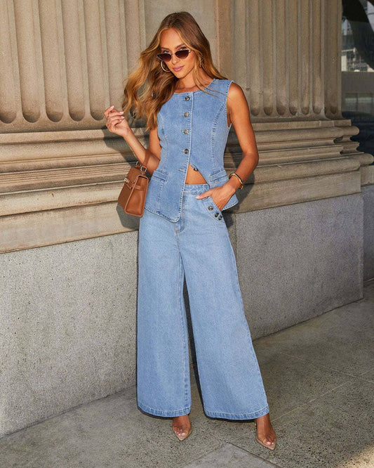 SOLID COLOR LOOSE DENIM WIDE LEG PANTS VEST SUIT