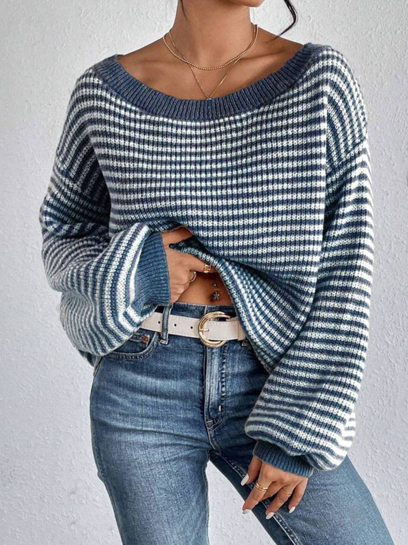 Striped off-the-shoulder sleeve knitted sweater