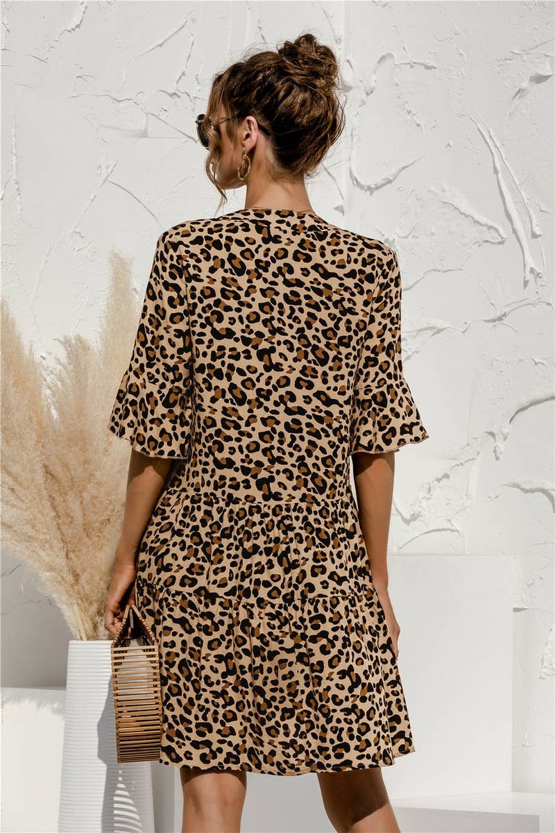 V NECK FLARED SLEEVE PATCHWORK DRESS_CWDSD2463